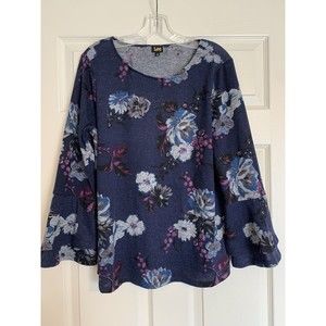 LEE Tunic Floral Top Blouse womens size large navy purple white floral
